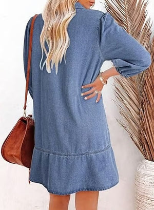 IndigoCharm – V Neck Casual Denim Dress