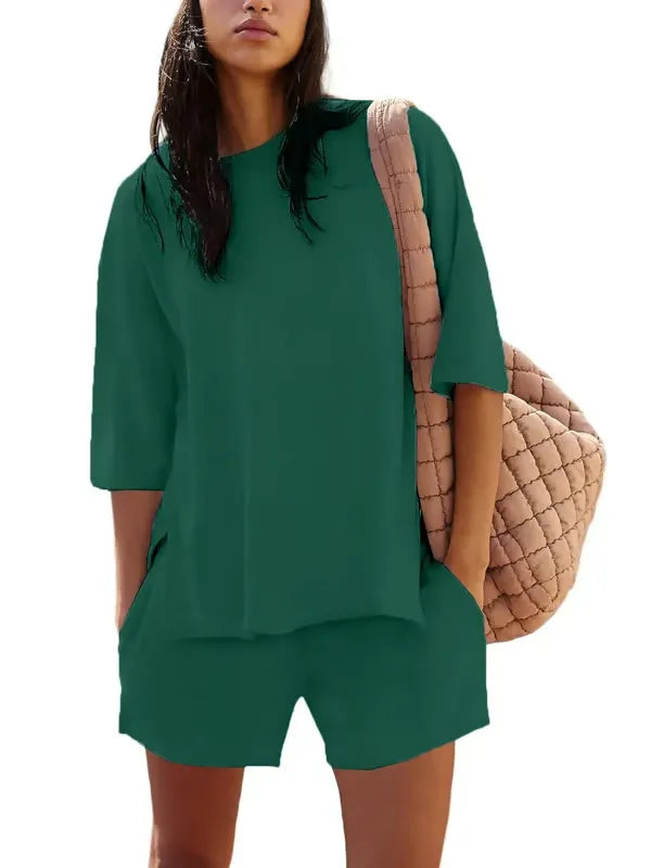 ChicBreeze – Solid Color Slit Top & Shorts Set