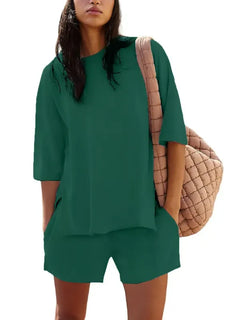 ChicBreeze – Solid Color Slit Top & Shorts Set