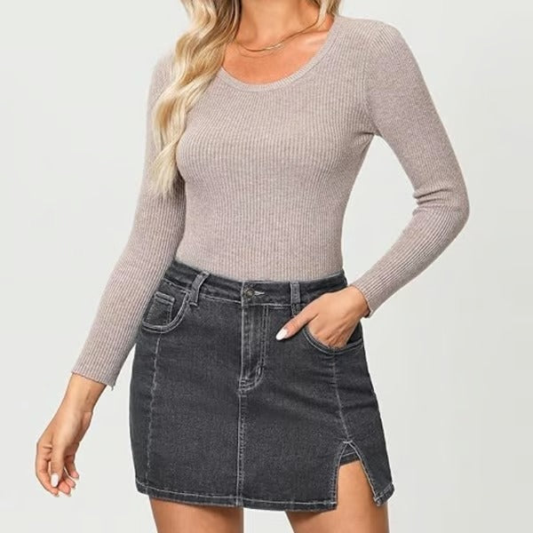 SlitChic – High-Waisted Denim Skort with Stretch