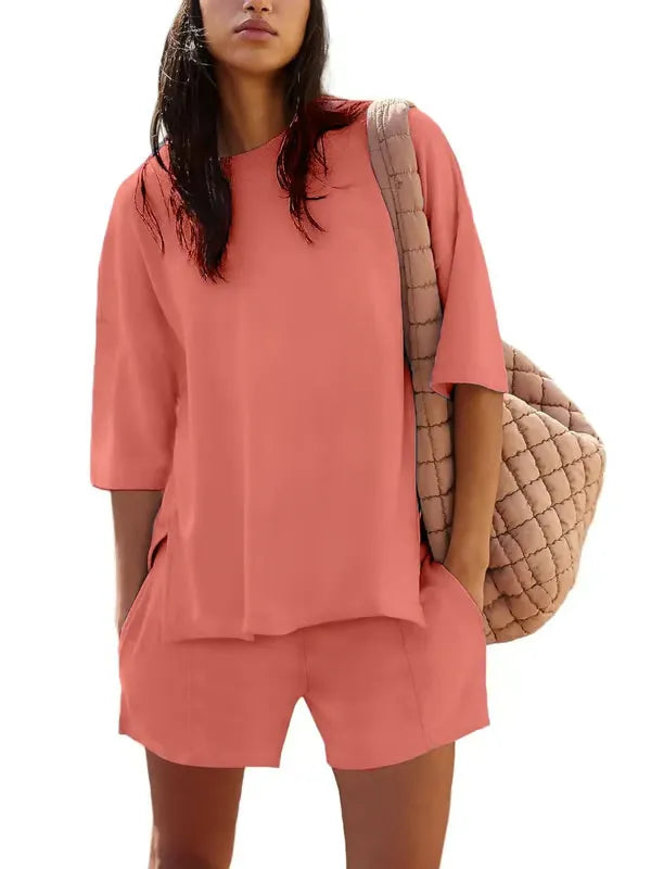 ChicBreeze – Solid Color Slit Top & Shorts Set