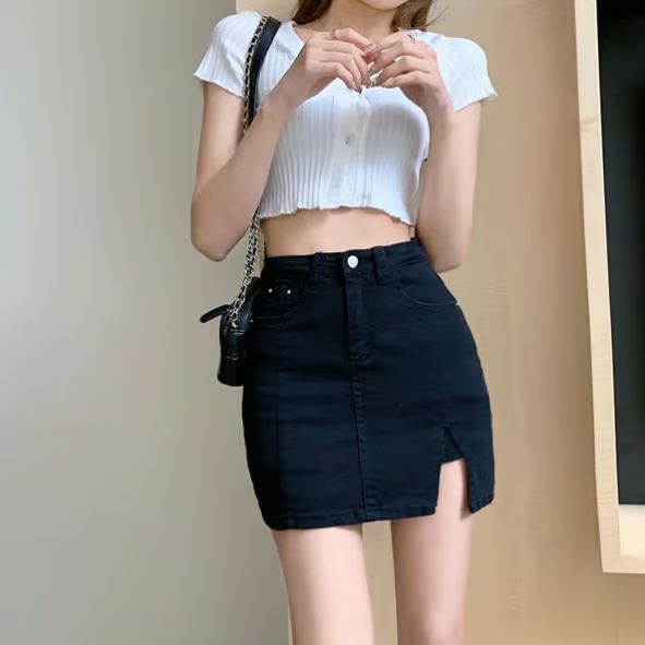 SlitChic – High-Waisted Denim Skort with Stretch