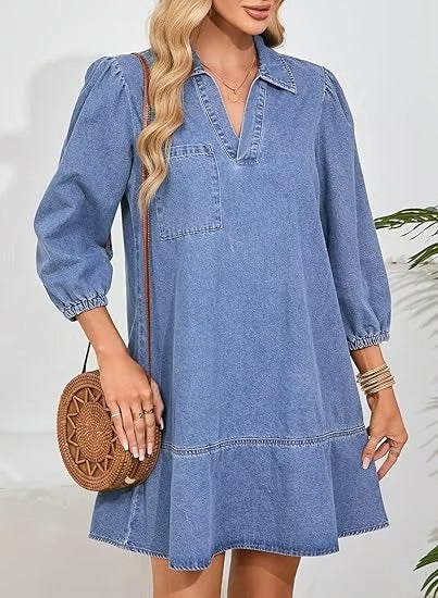IndigoCharm – V Neck Casual Denim Dress