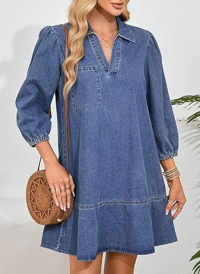 IndigoCharm – V Neck Casual Denim Dress