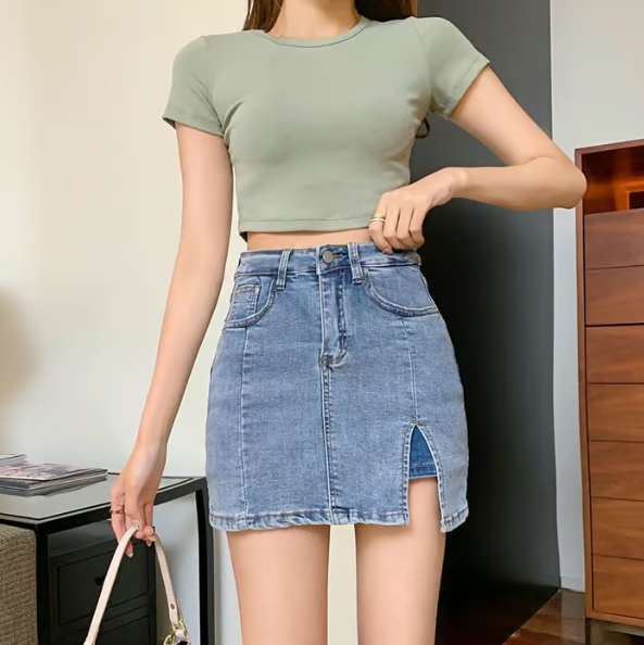 SlitChic – High-Waisted Denim Skort with Stretch