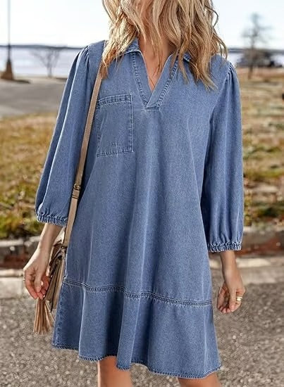 IndigoCharm – V Neck Casual Denim Dress