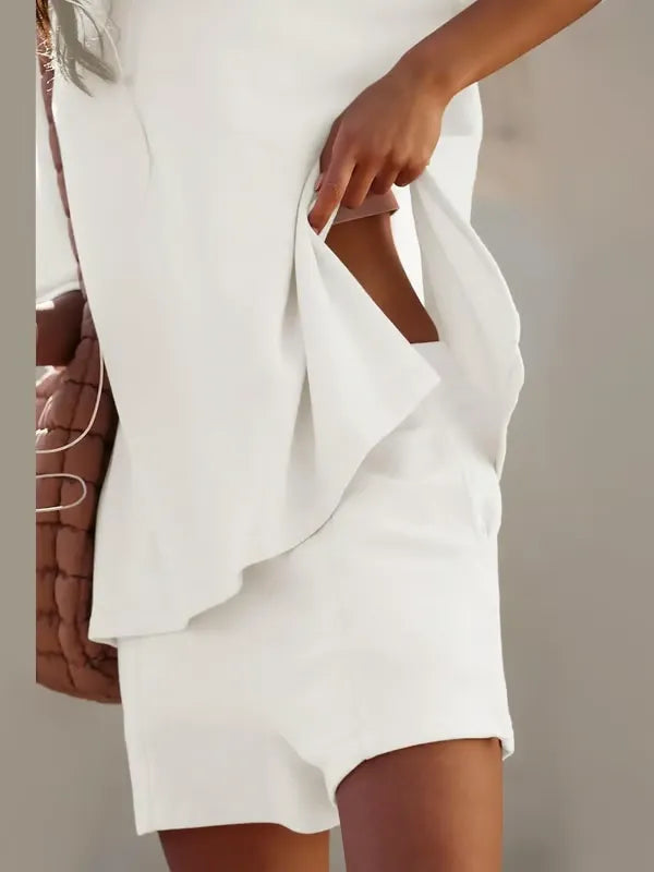ChicBreeze – Solid Color Slit Top & Shorts Set