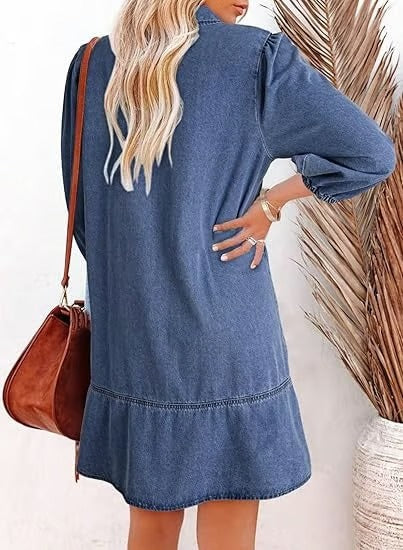 IndigoCharm – V Neck Casual Denim Dress