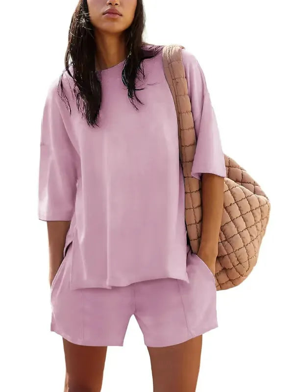 ChicBreeze – Solid Color Slit Top & Shorts Set