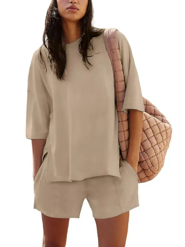 ChicBreeze – Solid Color Slit Top & Shorts Set