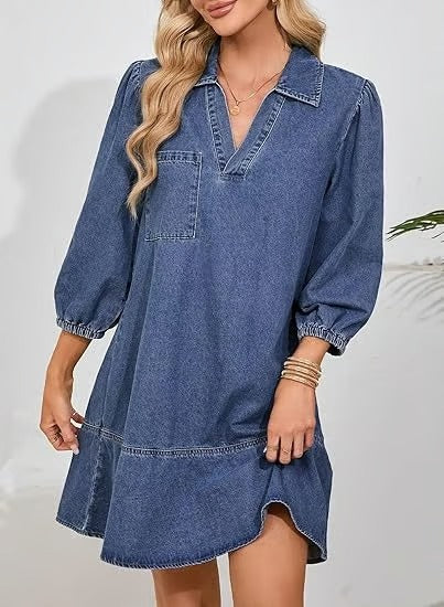 IndigoCharm – V Neck Casual Denim Dress