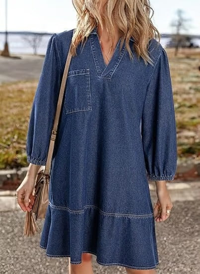 IndigoCharm – V Neck Casual Denim Dress