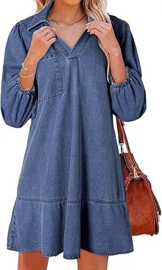 IndigoCharm – V Neck Casual Denim Dress