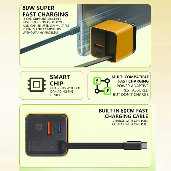 FlexCharge | 80W GaN Fast Charger with Built-in Type-C