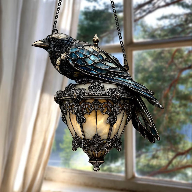 RavenGlow – Faux Stained Glass Crow Lantern Suncatcher
