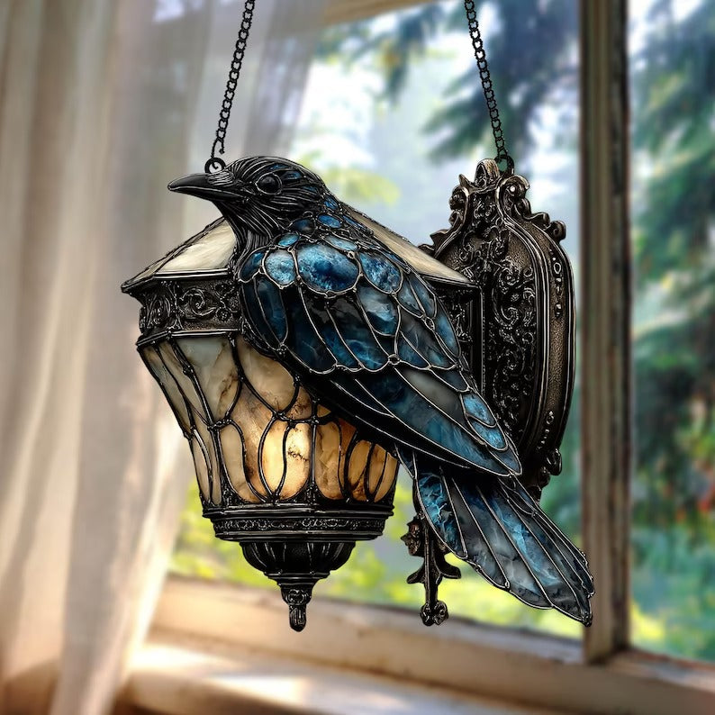 RavenGlow – Faux Stained Glass Crow Lantern Suncatcher