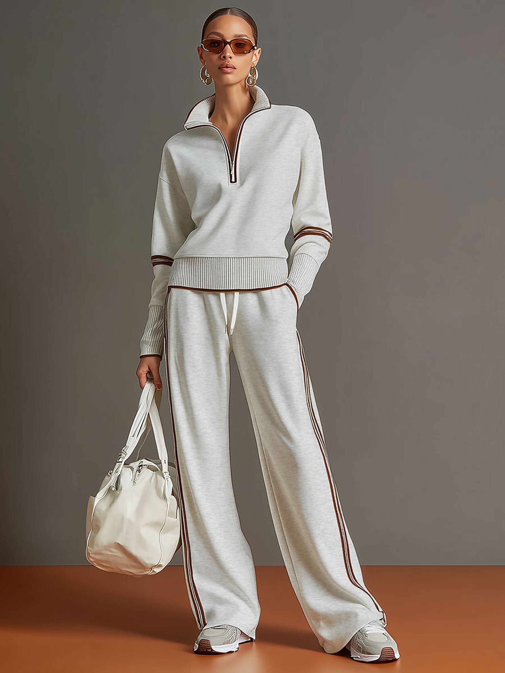 UrbanPulse - Grey-White Half-Zip Tracksuit