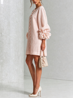 BloomCuff Mini Dress – Button-Front Shift Dress with Rose-Knot Cuffs