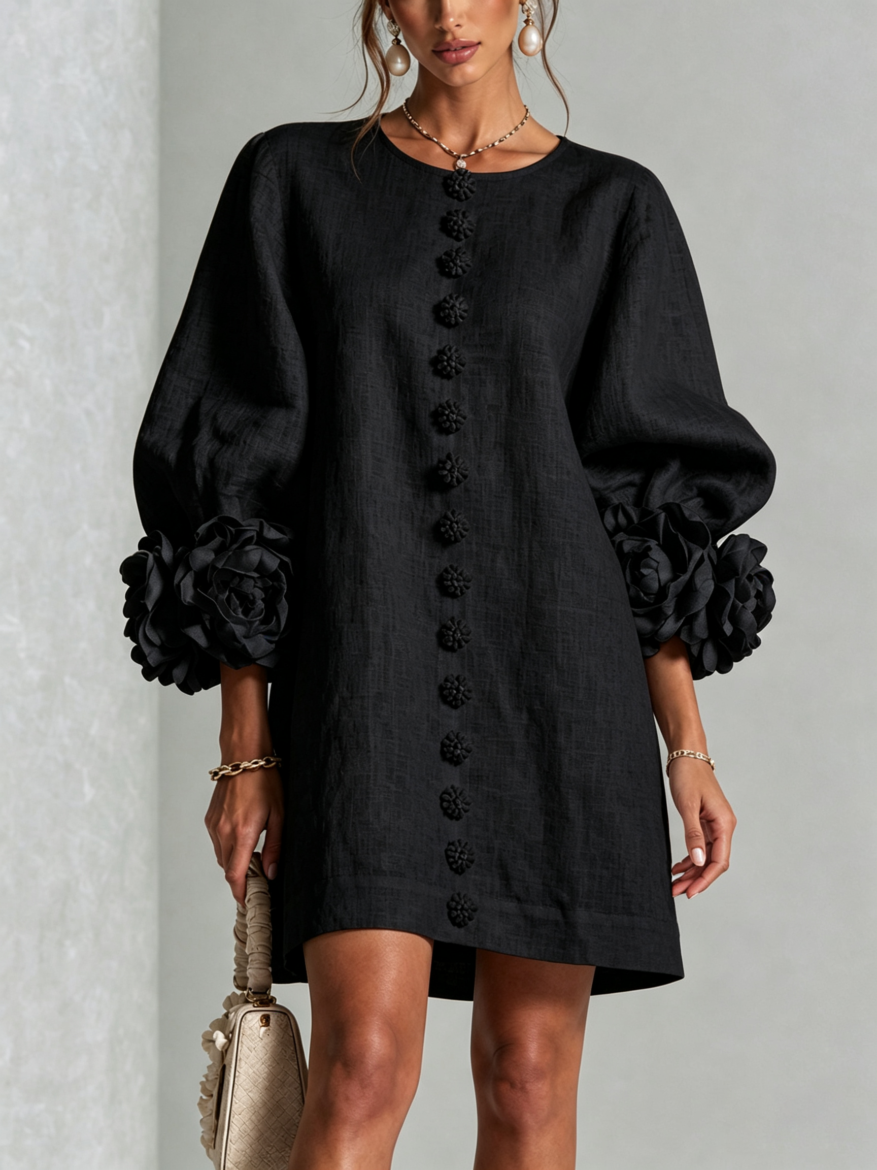 BloomCuff Mini Dress – Button-Front Shift Dress with Rose-Knot Cuffs
