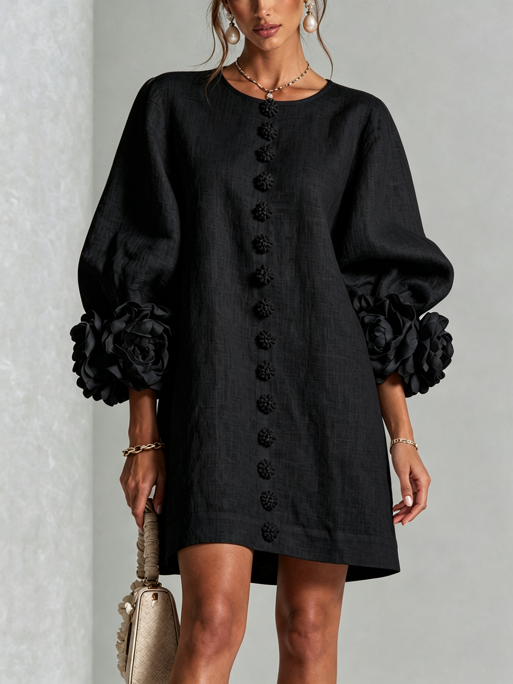 BloomCuff Mini Dress – Button-Front Shift Dress with Rose-Knot Cuffs