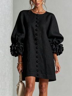 BloomCuff Mini Dress – Button-Front Shift Dress with Rose-Knot Cuffs