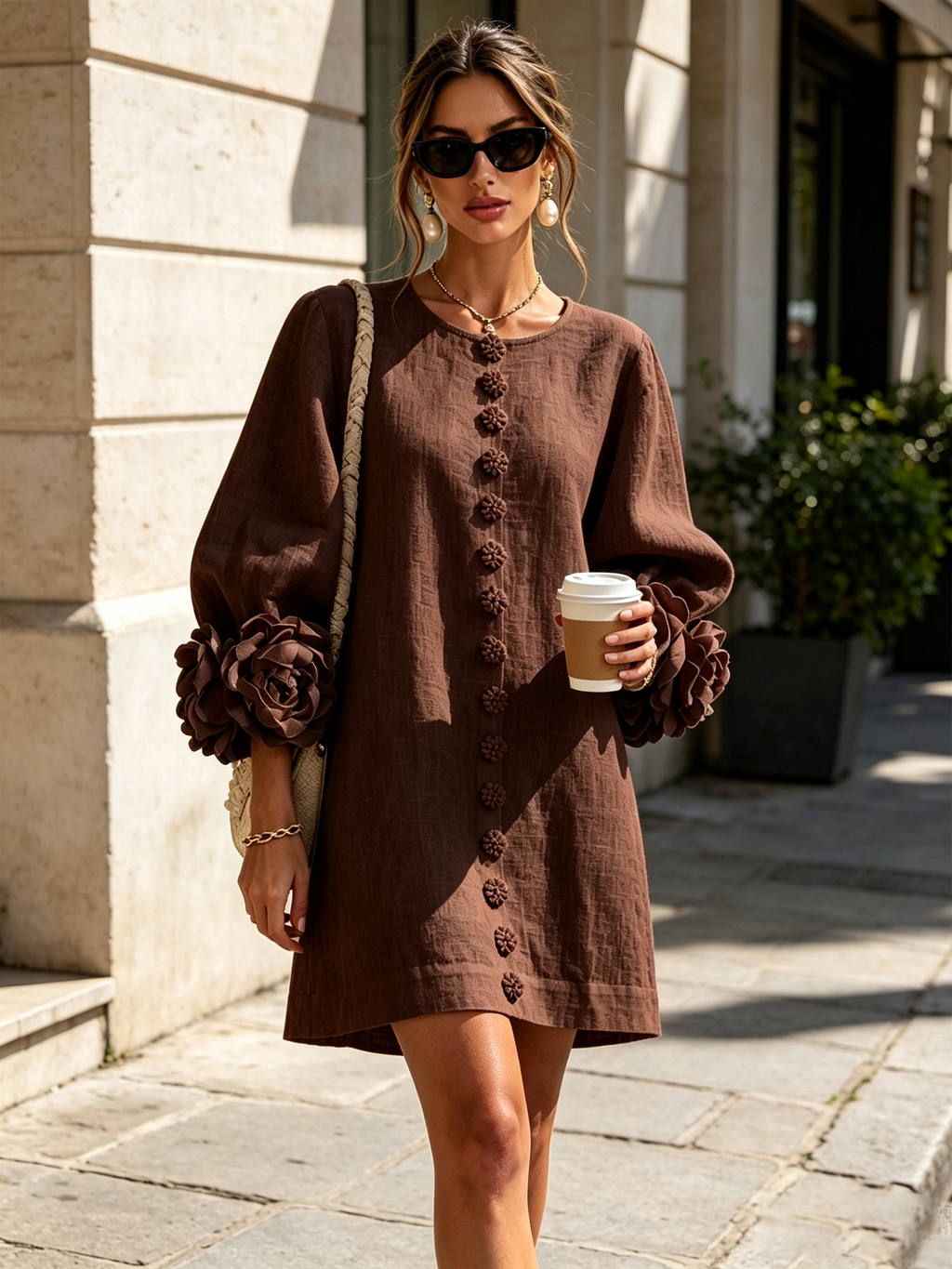 BloomCuff Mini Dress – Button-Front Shift Dress with Rose-Knot Cuffs