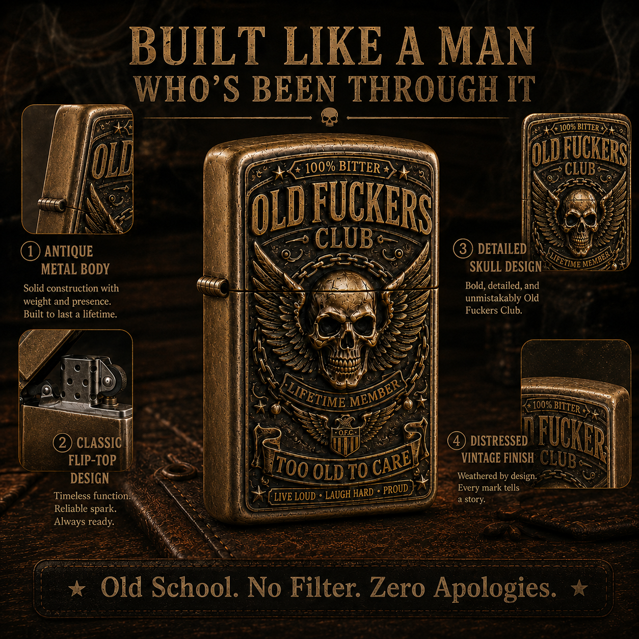 TooOldToCare – Old Fuckers Club Vintage Collectible Metal Lighter, 2026 Limited Edition