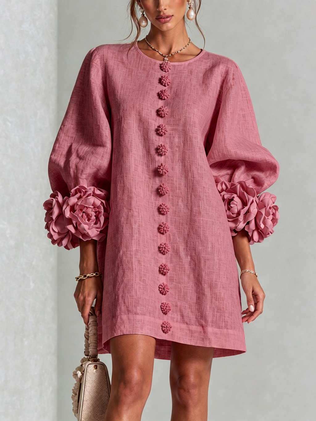 BloomCuff Mini Dress – Button-Front Shift Dress with Rose-Knot Cuffs