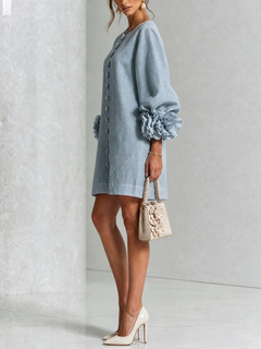 BloomCuff Mini Dress – Button-Front Shift Dress with Rose-Knot Cuffs