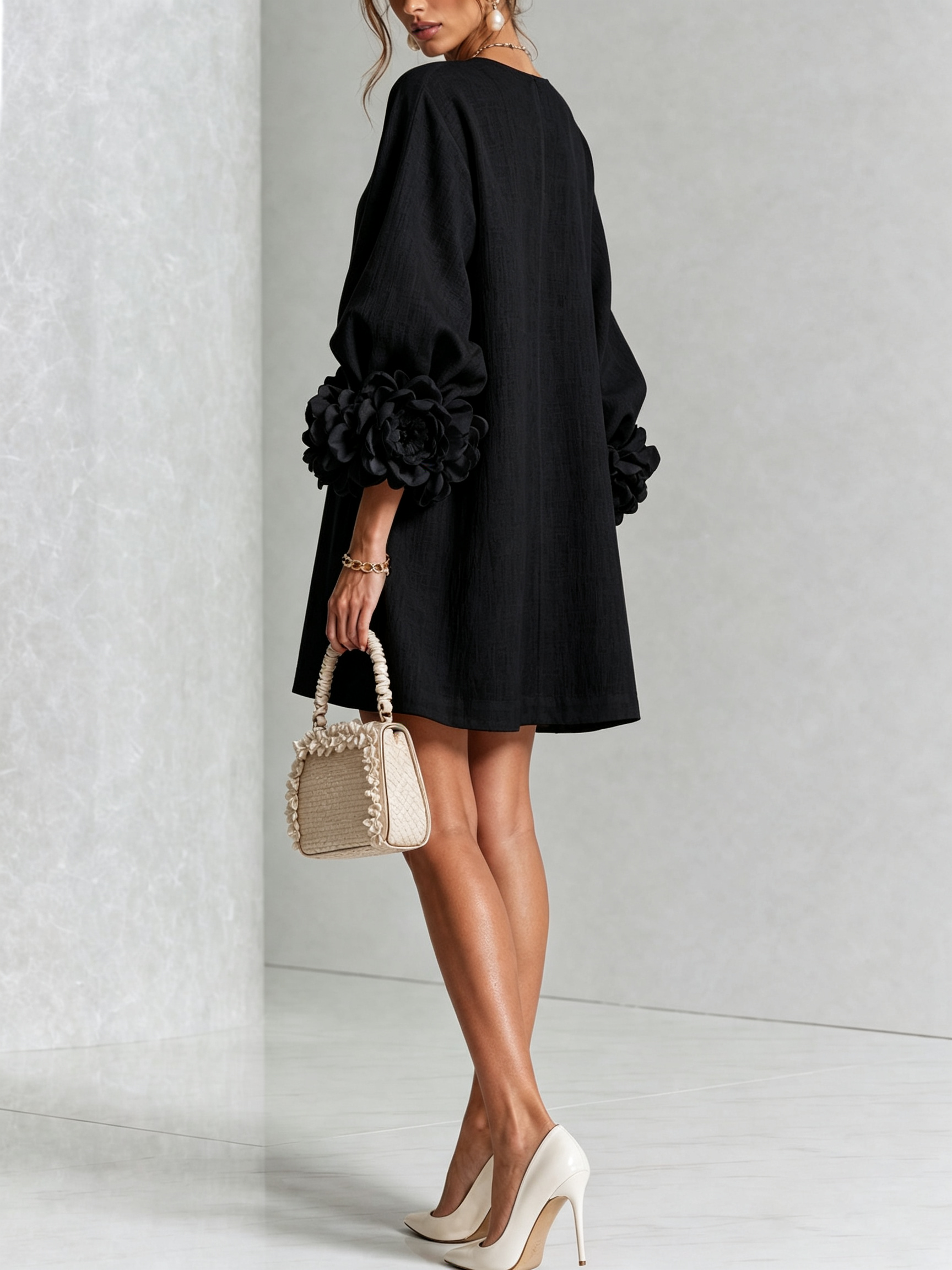 BloomCuff Mini Dress – Button-Front Shift Dress with Rose-Knot Cuffs