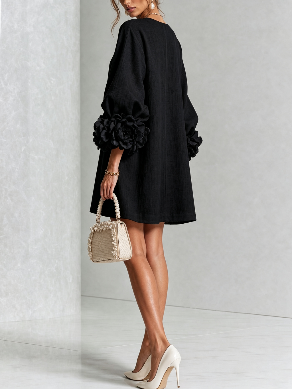 BloomCuff Mini Dress – Button-Front Shift Dress with Rose-Knot Cuffs
