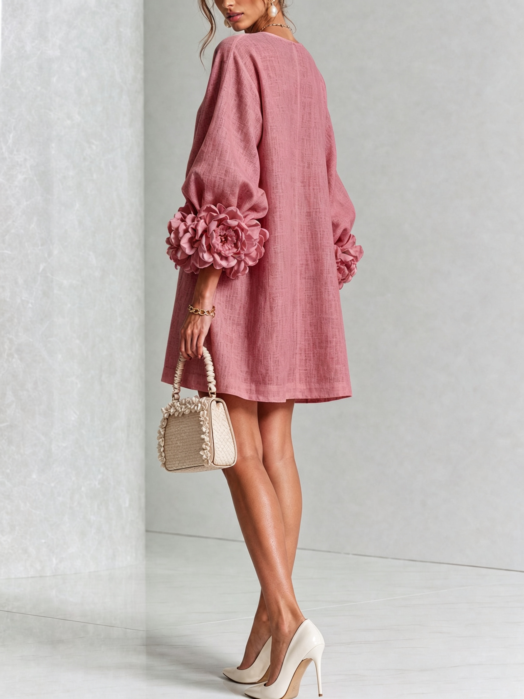 BloomCuff Mini Dress – Button-Front Shift Dress with Rose-Knot Cuffs