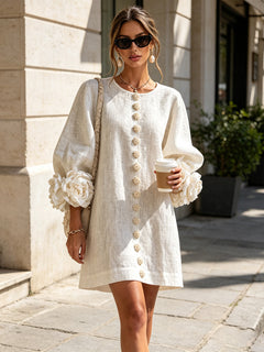 BloomCuff Mini Dress – Button-Front Shift Dress with Rose-Knot Cuffs