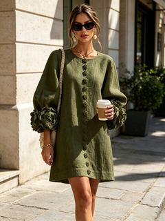 BloomCuff Mini Dress – Button-Front Shift Dress with Rose-Knot Cuffs