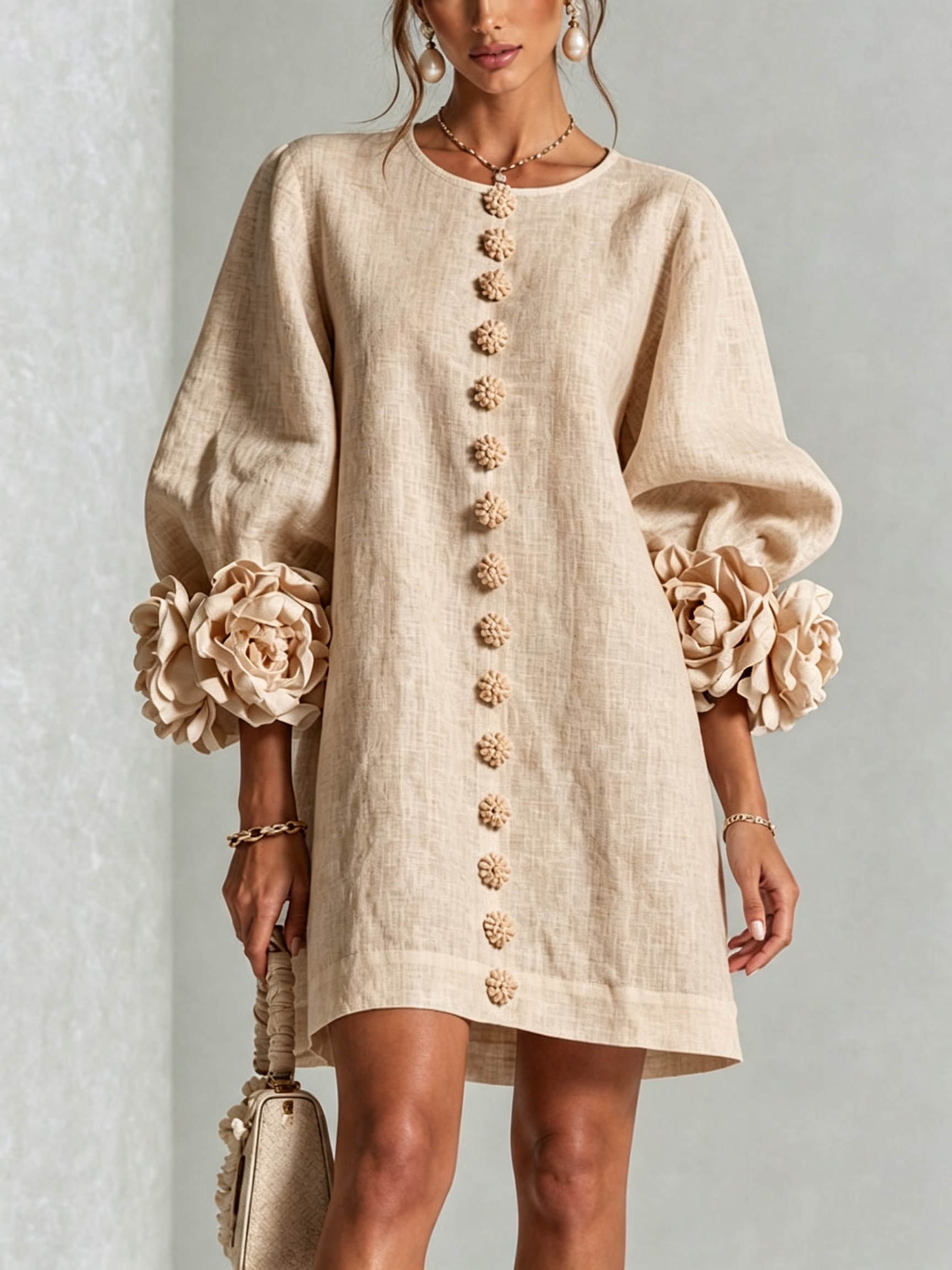 BloomCuff Mini Dress – Button-Front Shift Dress with Rose-Knot Cuffs
