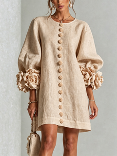 BloomCuff Mini Dress – Button-Front Shift Dress with Rose-Knot Cuffs