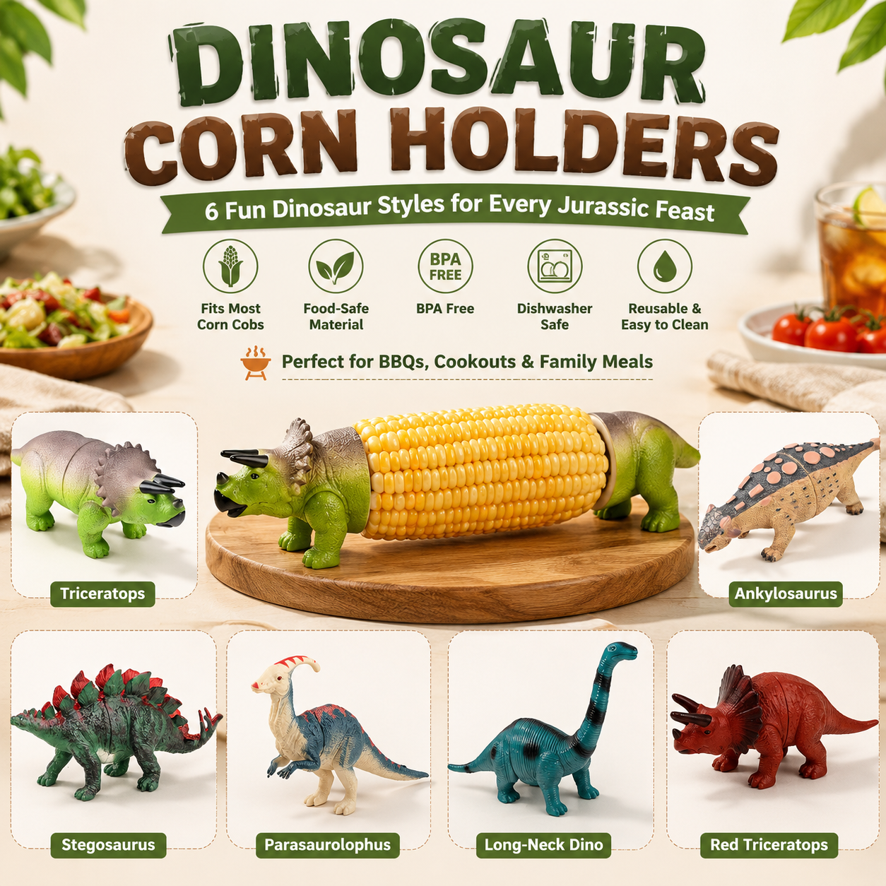 DinoCob – Cute Dinosaur Corn Holders with Stainless Steel Pins