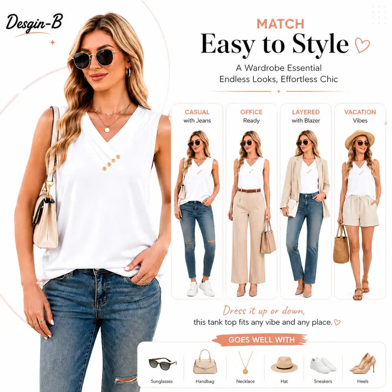 BreezeVee Tank – Loose-Fit V-Neck Sleeveless Top for Women