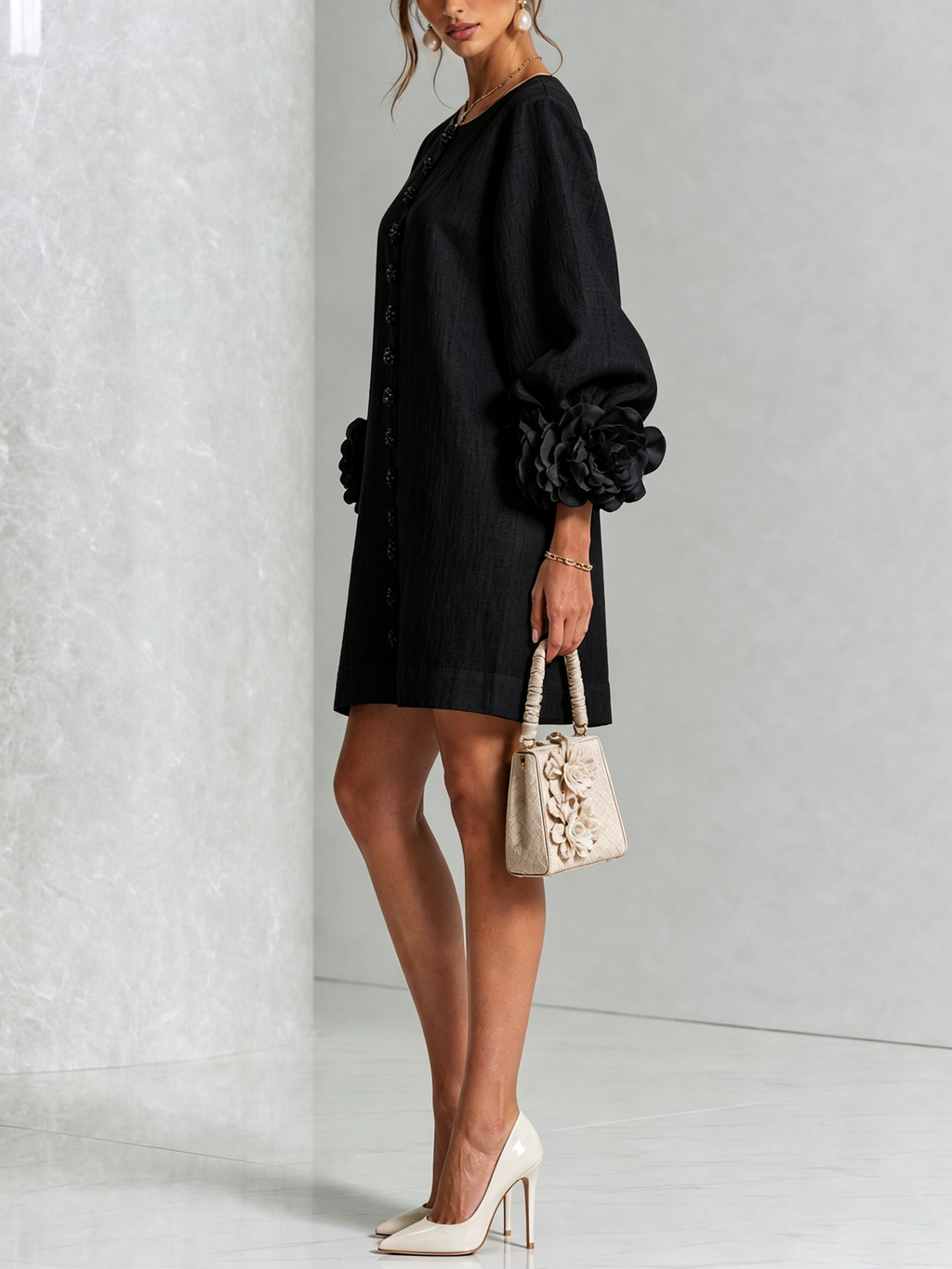 BloomCuff Mini Dress – Button-Front Shift Dress with Rose-Knot Cuffs