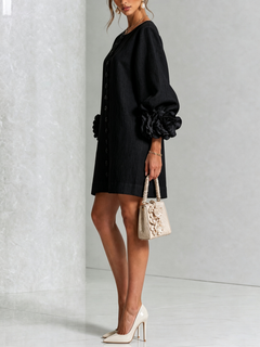BloomCuff Mini Dress – Button-Front Shift Dress with Rose-Knot Cuffs