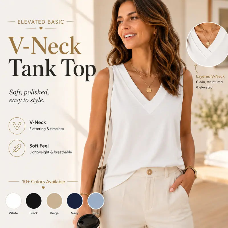 BreezeVee Tank – Loose-Fit V-Neck Sleeveless Top for Women