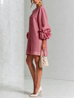 BloomCuff Mini Dress – Button-Front Shift Dress with Rose-Knot Cuffs