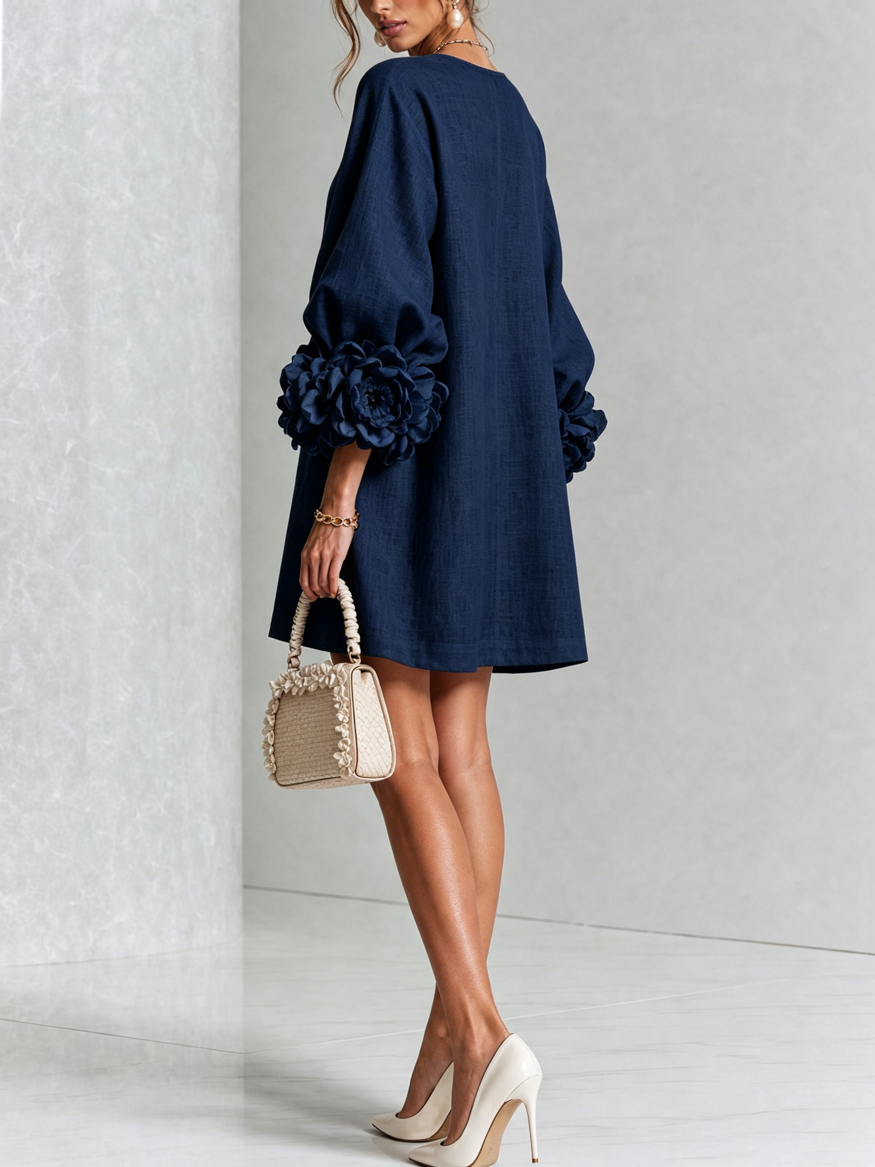BloomCuff Mini Dress – Button-Front Shift Dress with Rose-Knot Cuffs