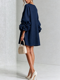 BloomCuff Mini Dress – Button-Front Shift Dress with Rose-Knot Cuffs