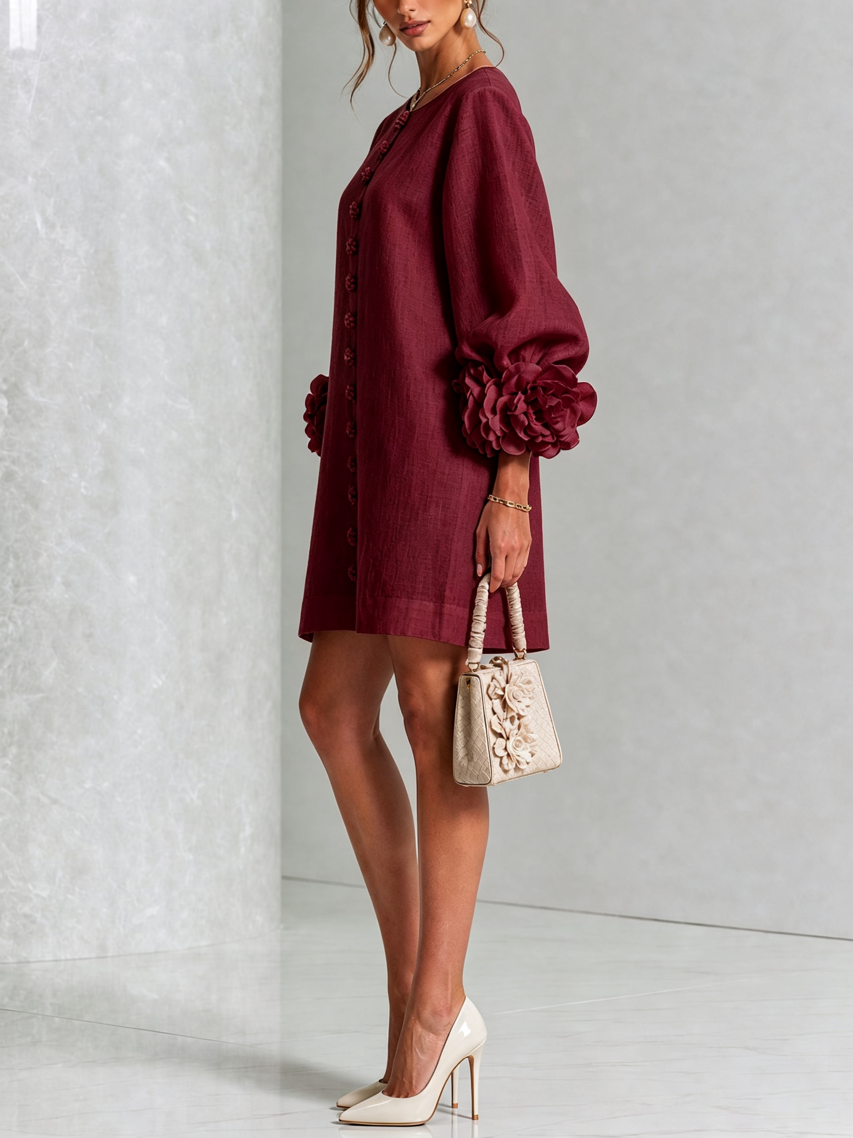 BloomCuff Mini Dress – Button-Front Shift Dress with Rose-Knot Cuffs