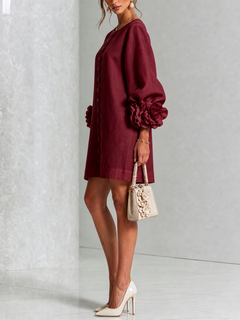 BloomCuff Mini Dress – Button-Front Shift Dress with Rose-Knot Cuffs