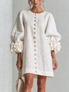 BloomCuff Mini Dress – Button-Front Shift Dress with Rose-Knot Cuffs
