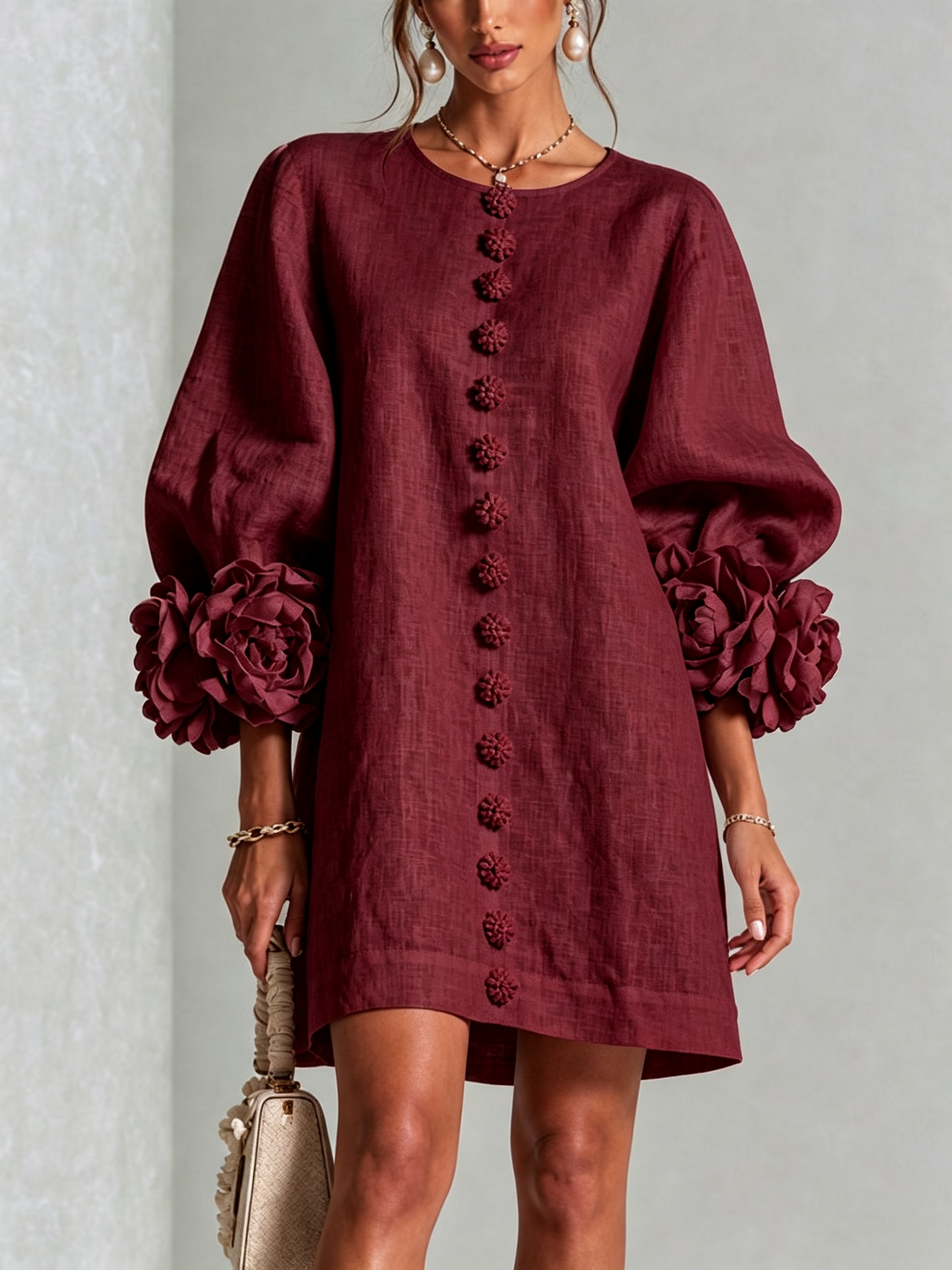 BloomCuff Mini Dress – Button-Front Shift Dress with Rose-Knot Cuffs