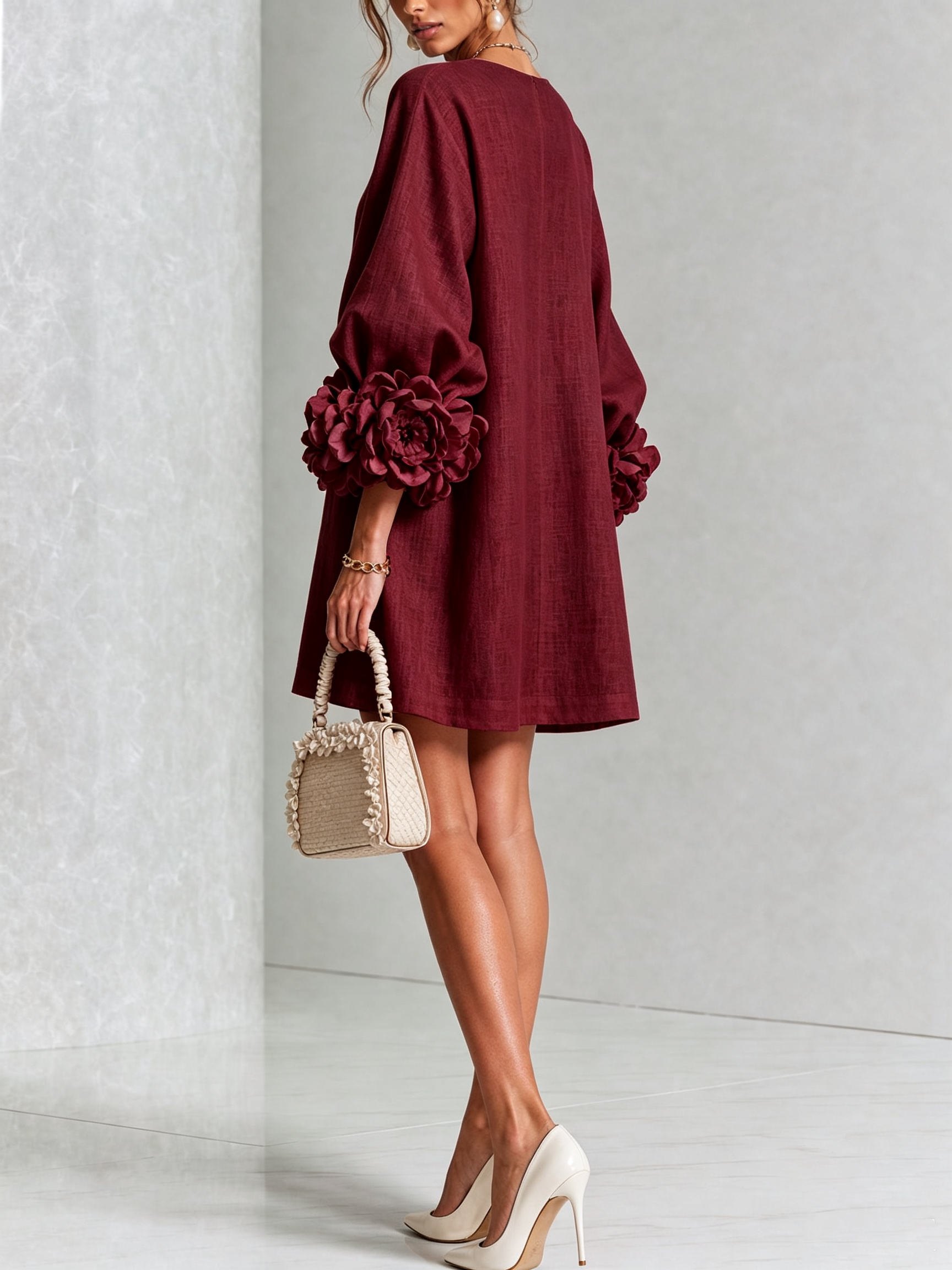 BloomCuff Mini Dress – Button-Front Shift Dress with Rose-Knot Cuffs