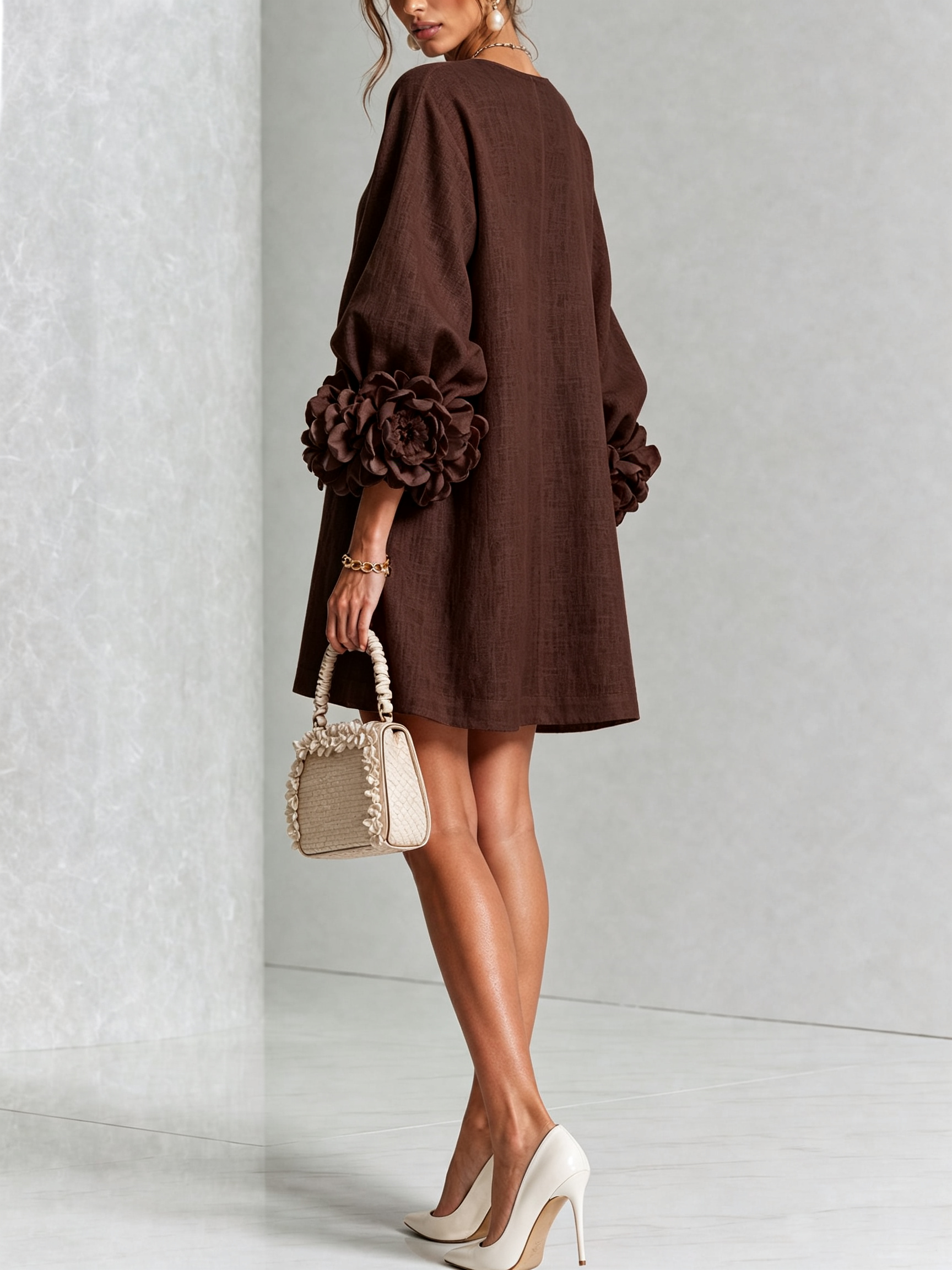 BloomCuff Mini Dress – Button-Front Shift Dress with Rose-Knot Cuffs